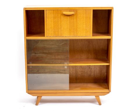 AN AVALON YATTON LIGHT OAK BUREAU BOOKCASE with cupboard opening to reveal pigeon holes above sliding glazed doors, 92cm wide