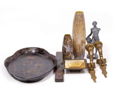 A LEATHER UPHOLSTERED WROUGHT IRON FOLDING CHAIR together with an adjustable lamp standard, a papier mache tray with chinoise