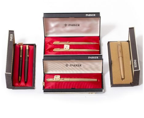 A PARKER 61 SIRRUS YELLOW METAL CASED FOUNTAIN PEN together with a further fountain pen, a Parker Sirrus roller ball and penc