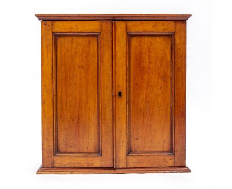 A 19TH CENTURY MAHOGANY TABLE TOP CABINET with twin doors opening to reveal six drawers with brass inset ring handles, and ha