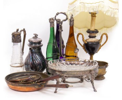MIXED METALWARE to include a Victorian etched glass claret jug, with silver plated mounts, 30cm high; a silver plated bottle 