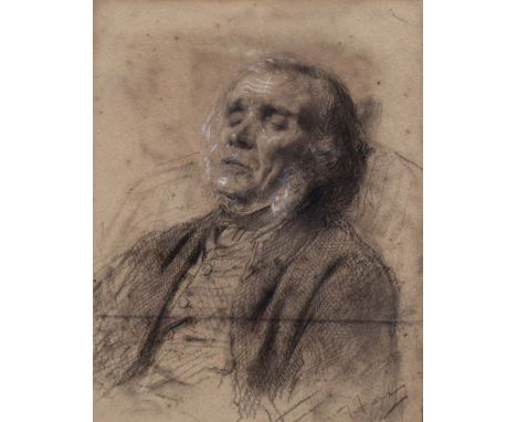 THOMAS FAED (1826-1900) Portrait of an old man asleep, pencil and white chalk, signed lower right, 14cm x 10.5cm