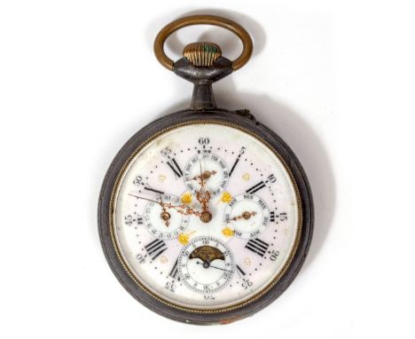 A LARGE CALENDAR POCKET WATCH  the enamel dial with roman numerals and subsidiary dials for seconds, days of the week, days o
