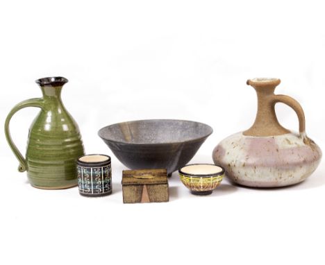 A LARGE WINSLAW POTTERY STONEWARE VASE together with a Tony Gant trinket box, a stoneware blue mottled bowl, two black patter