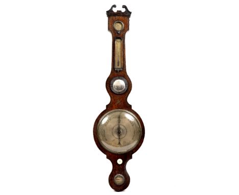 A 19TH CENTURY ROSEWOOD DIAL BAROMETER with swan neck pediment, hydrometer, thermometer, convex mirror, dial and level, 32cm 