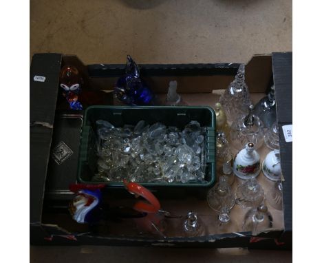 Murano Glass animals, a quantity of glass chandelier lustres, glass dinner bells etc (boxful) 