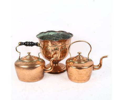 Antique copper planter with acanthus leaf design, height 23.5cm, and 2 Victorian copper kettles 