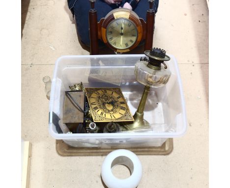 Oil lamps, specimen wood mantel clock etc (boxful) 