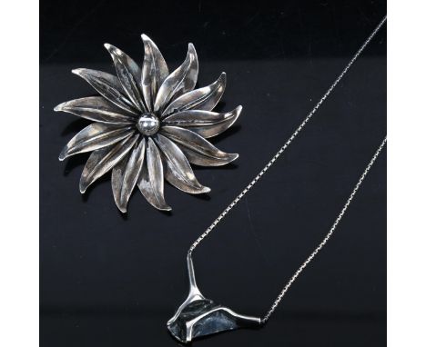 NIELS ERIK FROM - a large Vintage Danish sterling silver floral brooch, and a fold pendant necklace (2) 