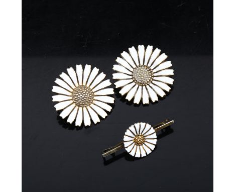 ANTON MICHELSEN - 3 Danish sterling silver and white enamel daisy pattern brooches 