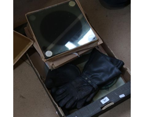 A group of Vintage Ilford glass negative lunar photographic plates, pair of leather motorcycle gloves etc (boxful) 