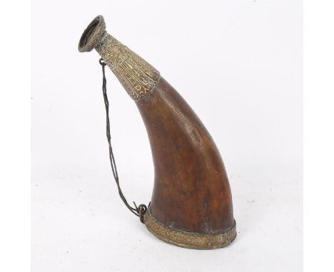 A brass-mounted horn powder flask, relief embossed decoration, length 35cm 