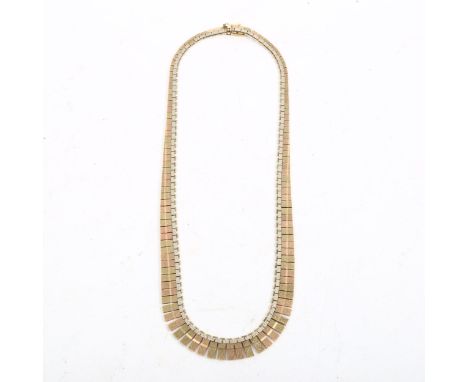 A Vintage 9ct 3-colour gold graduated brick link fringe necklace, textured settings, necklace length 42cm, 35g 