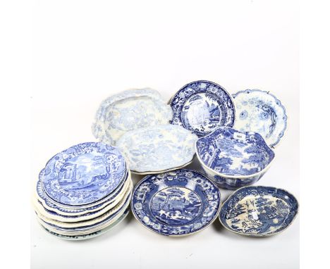 Victorian and other blue and white china, including Spode bowl, 23.5cm across 