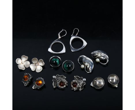 7 pairs of silver clip earrings, including amber, pearl and malachite 