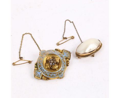 A Victorian diamond pearl and enamel memorial brooch, and another pearl brooch (2) 