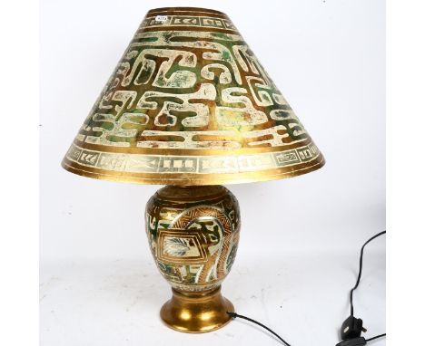 A large painted plaster table lamp and shade, height 65cm 