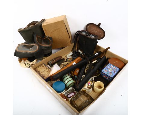 Binoculars, gas mask, costume jewellery, enamel box etc 