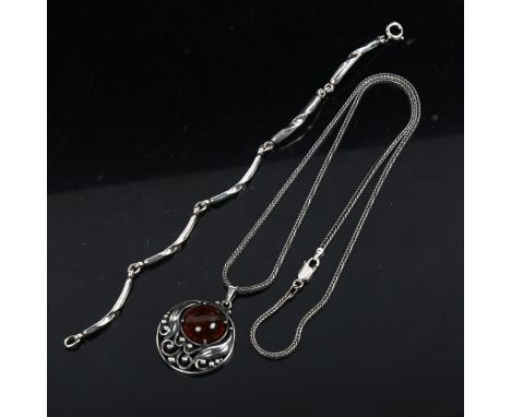 A Niels Erik From Danish silver bracelet, and a Vintage silver amber pendant necklace (2) 