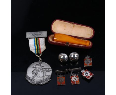 Georg Jensen silver and enamel Kingmark brooches and badges, a pair of bombe cufflinks, Amsterdam 1928 Olympic medallion etc 