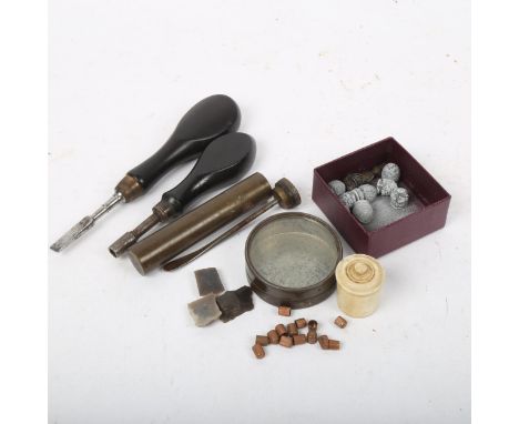 Various Antique gun tools and collectables, including nipple wrench, flints, bullets, oil bottle etc (boxful)
