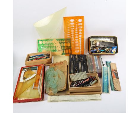 Vintage drafting set, set square, pens, Simplon French curves stencils etc (boxful) 