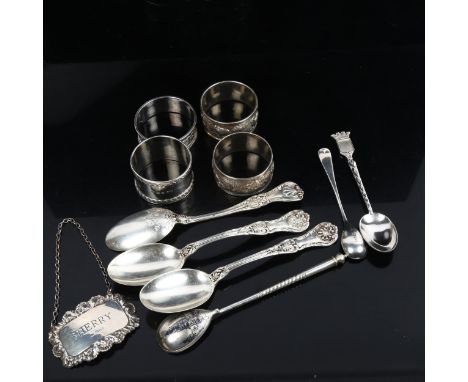 A 19th century Russian silver and niello spoon, silver Sherry decanter label, napkin rings and silver plate, 30z weighable 