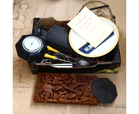 Barometer, duck design box, clarinet, Vintage car lamp etc 