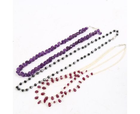 A single-strand pearl and ruby necklace and matching pendant earrings, an amethyst brilolite necklace with silver clasp, and 