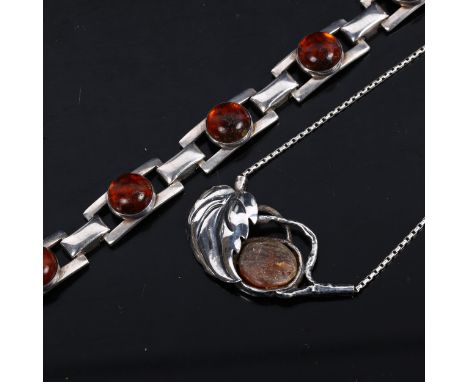 NIELS ERIK FROM - a Vintage Danish silver and amber panel bracelet, and similar pendant necklace (2) 