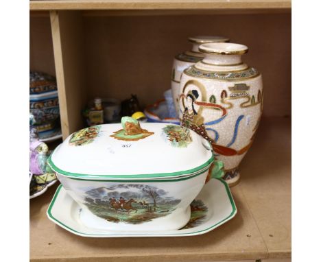 A pair of Satsuma vases, Copeland Spode hunting scene soup tureen and matching plates, figures etc 