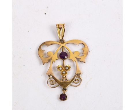 An Art Nouveau 9ct gold amethyst and split pearl pendant