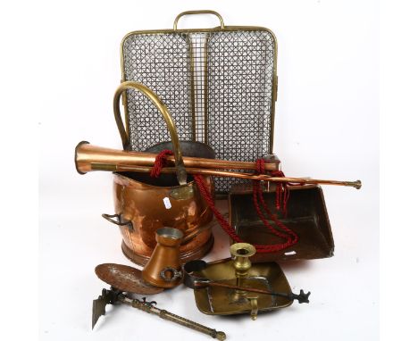 A copper coal bucket, a brass-framed mesh fireguard, copper horn etc 