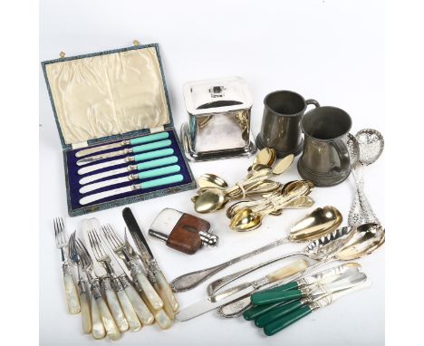 Various Antique French silver plate, including set of gilded spoons, mother-of-pearl handled forks, tea caddy etc 