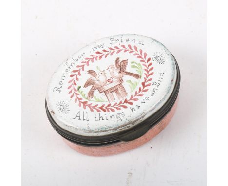 An 18th century Bilston enamel trinket box, Remember My Friend, All Things Have An End, hand painted decoration, with glued d