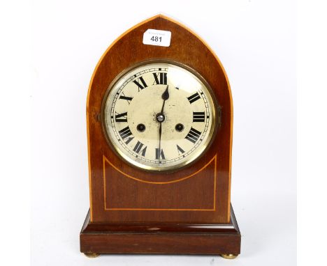 An early 20th century mahogany and satinwood inlaid 8-day lancet-top mantel clock, height 37cm 
