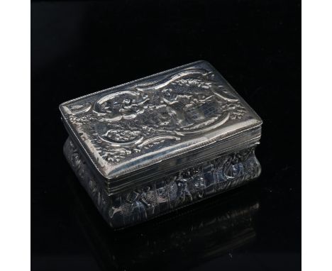 A Dutch rectangular silver trinket box, circa 1900, relief embossed decoration, 8cm x 6cm, 3oz 