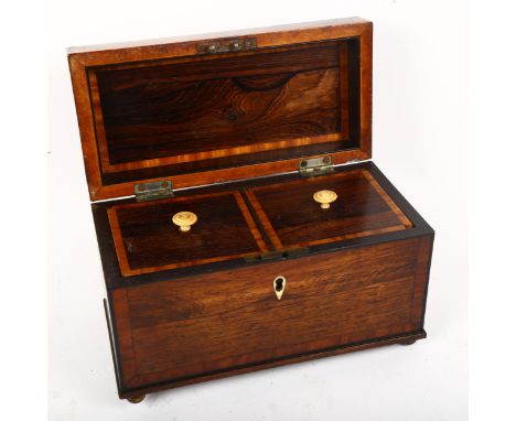 Inlaid mahogany tea caddy, containing razors, collapsible beaker, coins etc 