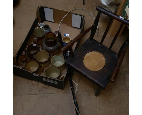 Various Harvest mugs and jugs, a fishing rod, and a child's commode chair 