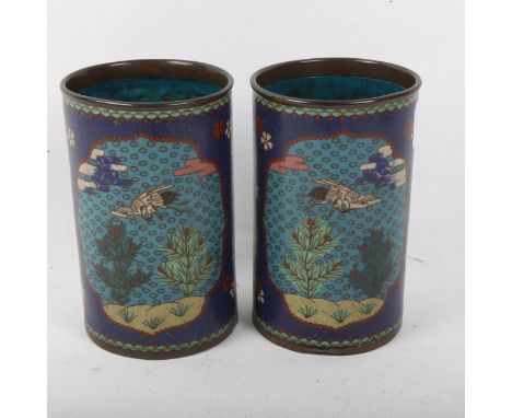 A pair of Chinese cloisonne enamel brush pots, height 12cm 