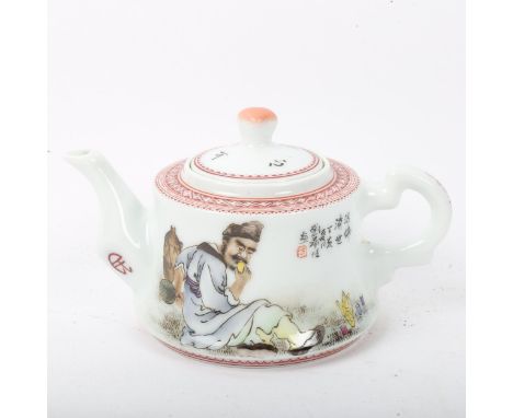 A Chinese Republic style hand painted and enamelled porcelain teapot, figural decoration with character marks, height 9cm 