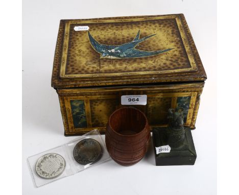 Vintage Blue Bird chocolate toffee casket tin, HMS Ganges miniature tobacco barrel, and an Eastern verdigris bull-head seal 