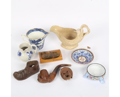 Various collectables and ceramics, including Continental porcelain lemon strainer, hand painted enamel salt, Worcester blue a