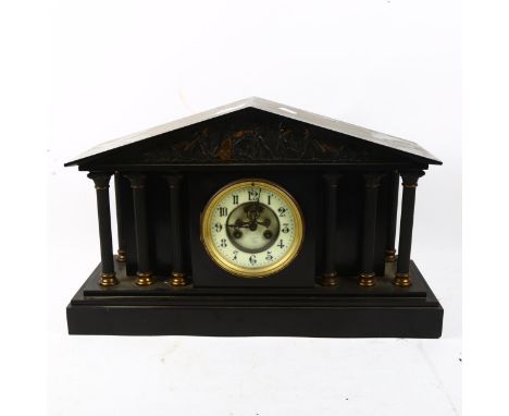 A large early 20th century slate architectural 8-day mantel clock, height 30cm, width 48cm 