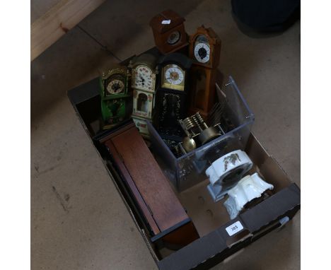 A group of various clocks, including ceramic and miniature longcase (boxful) 