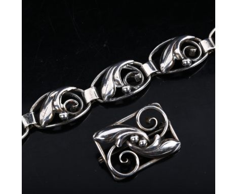HANS JENSEN - a Vintage Danish silver panel bracelet, and a similar silver brooch (2) 