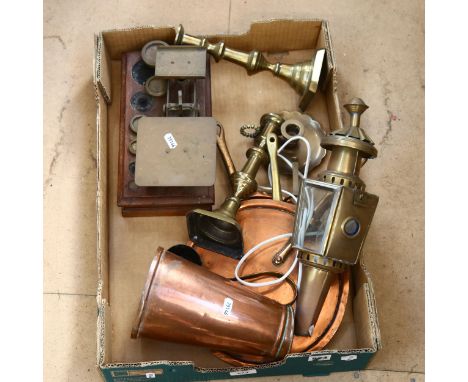 Copper jug, porch lamp, candlesticks etc 