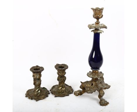 A 19th century French blue glaze ceramic ormolu table candlestick, and a similar pair of squat candlesticks, largest height 3