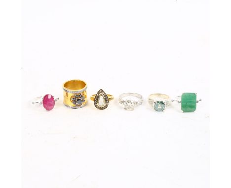 6 various stone set dress rings, to include a 3ct white moissanite, black and white moissanite, a 4.10ct cushion-shape blue m