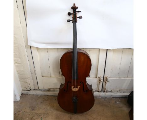 A Vintage cello, back length 75cm, with carrying case, bows and music stand